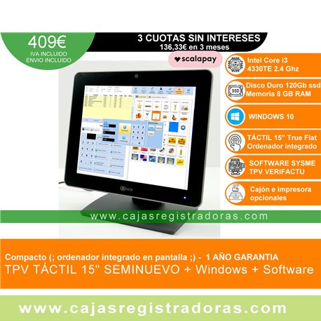 TPV Compacto NCR 15" core i3 - 8GB Ram - 120GB SSD - Windows y software SYSME TPV