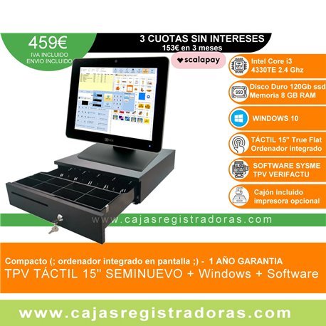 TPV Compacto NCR 15" core i3 - 8GB Ram - 120GB SSD - Windows y software SYSME TPV