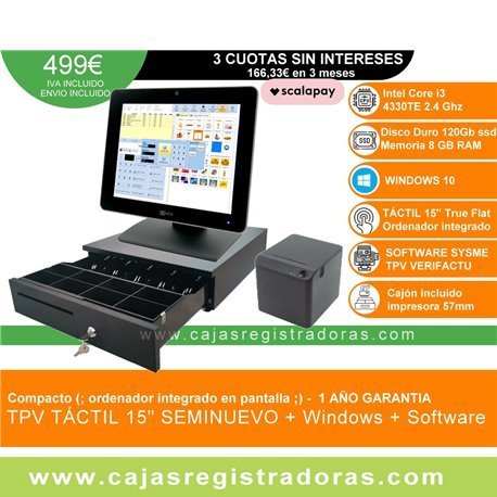 TPV Compacto NCR 15" core i3 - 8GB Ram - 120GB SSD - Windows y software SYSME TPV