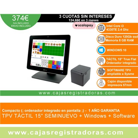 TPV Compacto NCR 15" core i3 - 8GB Ram - 120GB SSD - Windows y software TPV + Impresora 57mm