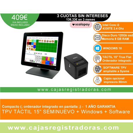TPV Compacto NCR 15" core i3 - 8GB Ram - 120GB SSD - Windows y software TPV + Impresora 80mm