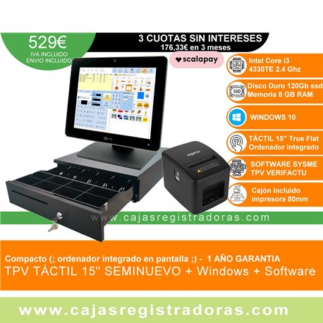 TPV Compacto NCR 15" core i3 - 8GB Ram - 120GB SSD - Windows y software SYSME TPV + Cajón + Impresora 80mm