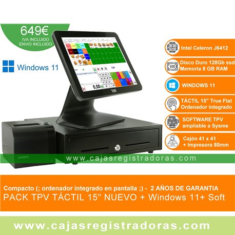PACK TPV TLM 500 15″ celeron J6412 - RAM 8GB - SSD 128GB + Cajón TPV e Impresora 80mm 