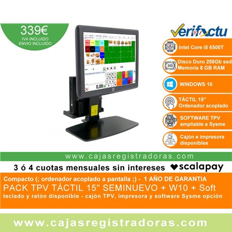 TPV Compacto HP 15" Táctil core i5 - 8GB Ram - 256 GB SSD - Windows y Software TPV