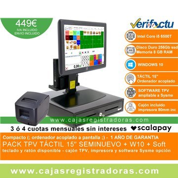 TPV Compacto HP 15" Táctil core i5 - 8GB Ram - 256 GB SSD - Windows y Software TPV + Impresora y Cajon