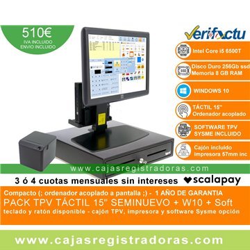 TPV Compacto HP 15" Táctil core i5 - 8GB Ram - 256 GB SSD - Windows y Software TPV + impresora , cajón y software Sysme