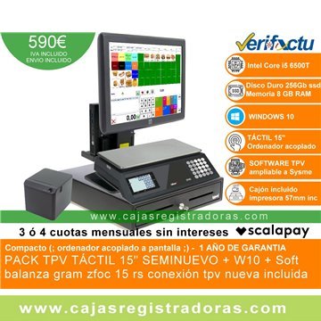 TPV Compacto HP 15" Táctil core i5 - 8GB Ram - 256 GB SSD - Windows y Software TPV + Cajón , impresora y Balanza