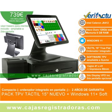 PACK TPV TLM 500 15″ WINDOWS 11 + VISOR - celeron J6412 - RAM 8GB - SSD 128GB + Cajón TPV e Impresora 80mm 
