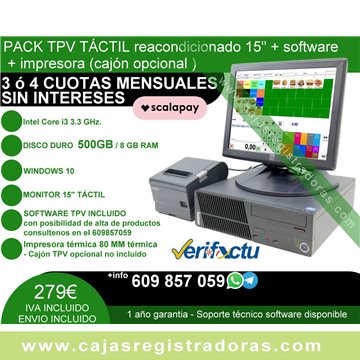 Pack TPV Táctil 15" Reacondicionado core i3 + Software + Impresora 80 mm térmica