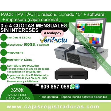 Pack TPV Táctil 15" Reacondicionado core i3 + Software + Impresora 80mm + Cajón