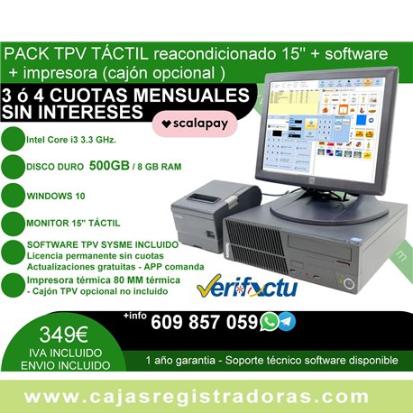 Pack TPV Táctil 15" Reacondicionado core i3 + Software Sysme TPV + Impresora 80 MM térmica 