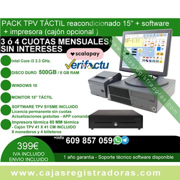 Pack TPV Táctil 15" Reacondicionado core i3 + Software Sysme TPV + Impresora+ca