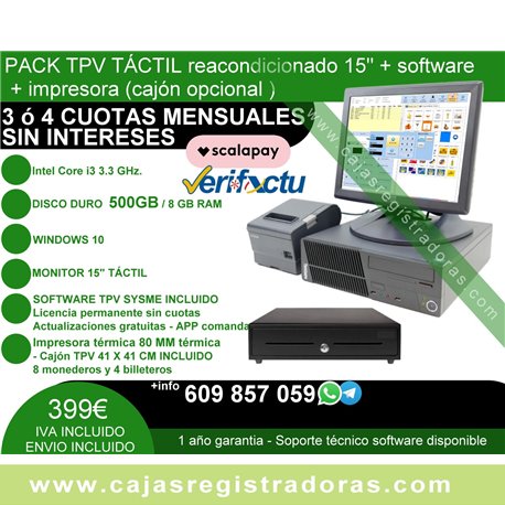 Pack TPV Táctil 15" Reacondicionado core i3 + Software Sysme TPV + Impresora+ca