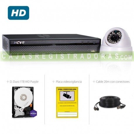 Kit Video vigilancia 1 cámara HD 720P + Grabador Híbrido HD 4 Canales con disco duro 1TB - HDCVI