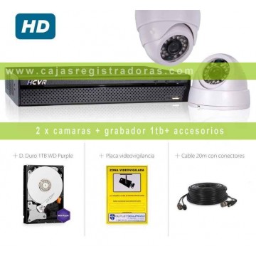 Kit HDCVI con 2 Cámaras Interior HD 720P más Grabador Hibrido HD de 4 Canales Tiempo real y HDMI