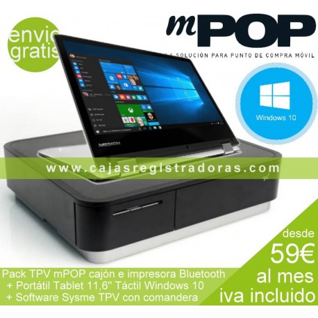 mPOP Pack TPV con Impresora y Cajón Bluetooth + Portátil Convertible W10 y Sysme TPV