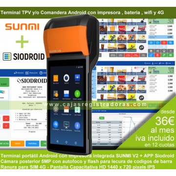 Android TPV Portatil 5,5" IPS Táctil Sunmi V2 con impresora integrada + software Siodroid 