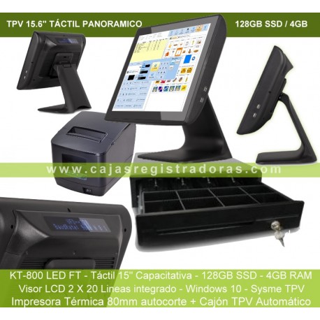 Pack TPV KT-800 con 128 GB Visor Cliente con Software Sysme TPV y W10 + Impresora + Cajón TPV