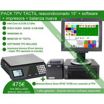 Pack TPV Táctil 15" Reacondicionado core i3 + Software + Impresora + Balanza nueva 