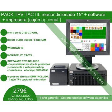 Pack TPV Táctil 15" Reacondicionado core i3 + Software + Impresora 80 mm térmica