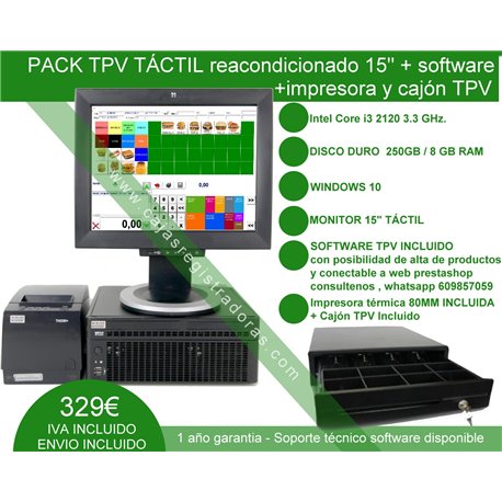 Pack TPV Táctil 15" Reacondicionado core i3 + Software + Impresora 80mm + Cajón