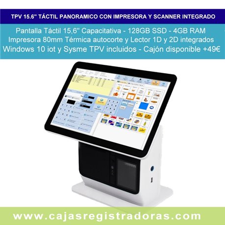 TPV ALL IN ONE, 15'6 4GB, 128GB SSD con IMPRESORA 80M y Scanner integrados + Windows + Sysme TPV 