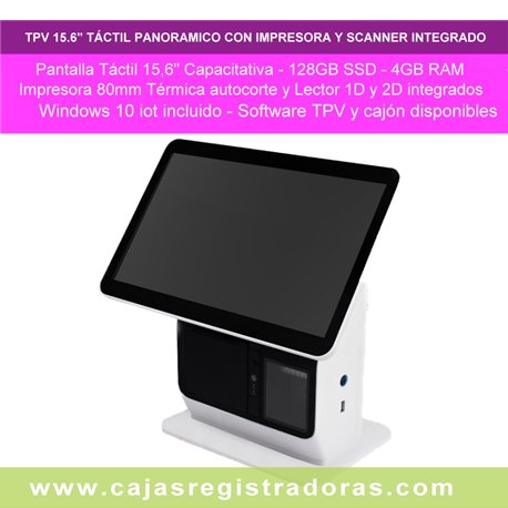TPV ALL IN ONE, 15'6 INCH CAPACITIVO FLAT TRUE, QUADCORE J4125 2,0GHZ, 4GB, 128GB SDD con IMPRESORA 80M y Scanner Win iot