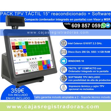 Pack TPV Táctil 15" Compacto con Visor y Lector tarjetas - Reacondicionado 