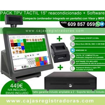 Pack TPV Táctil 15" Compacto con Visor MSR Cajón e Impresora - Reacondicionado 