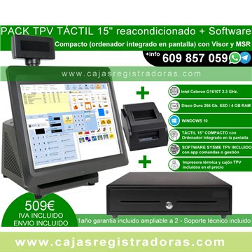 Pack TPV Táctil 15" Compacto con Visor MSR Cajón e Impresora - Reacondicionado + Sysme TPV