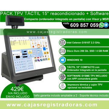 Pack TPV Táctil 15" Compacto + Sysme Software con Visor y Lector tarjetas - Reacondicionado 