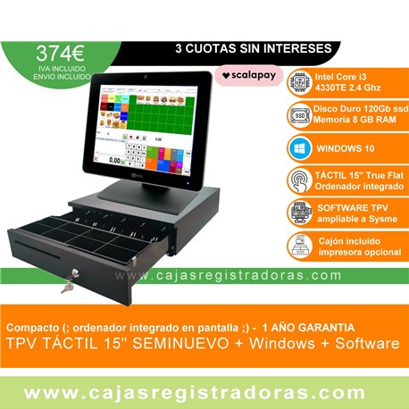TPV Compacto NCR 15" core i3 - 8GB Ram - 120GB SSD - Windows y software TPV + Cajón