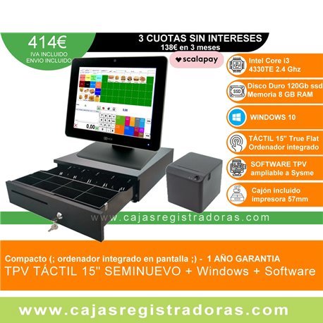 TPV Compacto NCR 15" core i3 - 8GB Ram - 120GB SSD - Windows y software TPV + Cajón